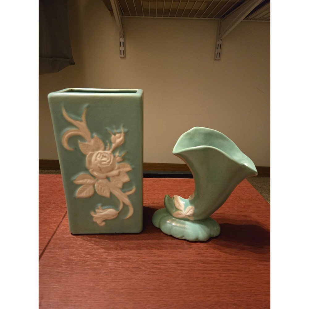 Vintage‎ 1930s Weller Pottery Cameo Rose Set -Rectangular Vase & Cornucopia Vase